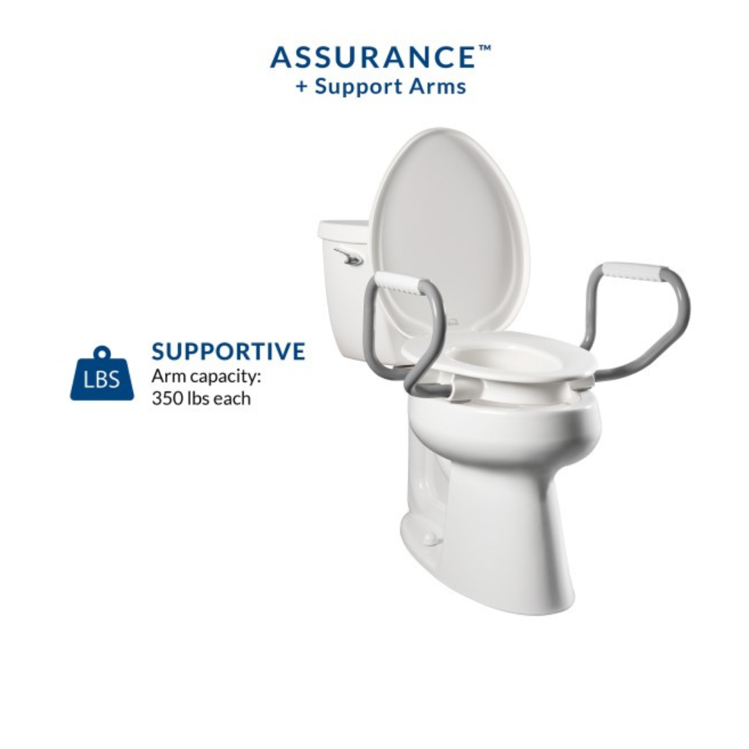 The Bemis Assurance® with Clean·Shield 3 Premium Raised Toilet Seat includes gray support arms, each supporting up to 350 lbs. Its Stay•Tite installation ensures secure and stable setup for enhanced comfort and reliability.